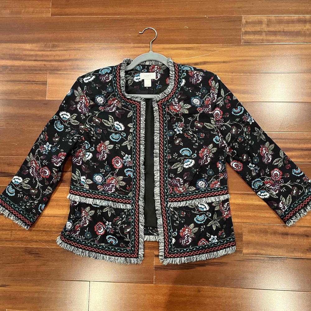 LOFT Black Floral Blazer Jacket Embroidered Fringe Trim Long Sleeve Boho Size 2‎